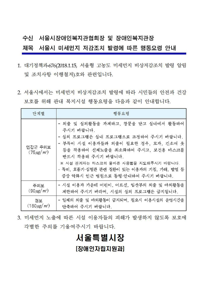 미세먼지 저감조치 발령에 따른 행동 요령 