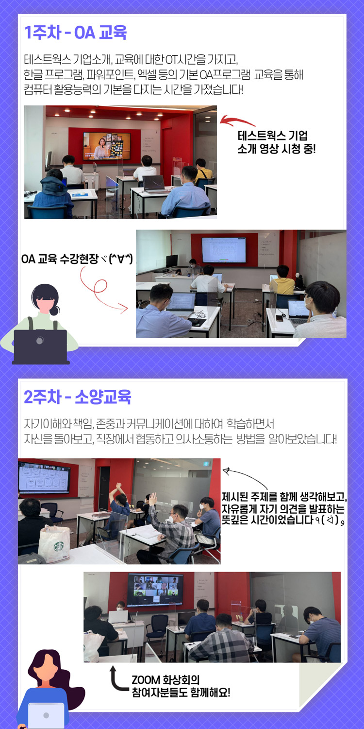 1주차-OA교육 / 테스트웍스 기업소개, 교육에 대한 OT시간을 가지고, 한글 프로그램, 파워포인트, 엑셀 등의 기본 OA프로그램 교육을 통해 컴퓨터 활용능력의 기본을 다지는 시간을 가졌습니다! / 테스트웍스 기업 소개 영상 시청 중! / OA교육 수강현장 / 2주차-소양교육 / 자기이해와 책임, 존중과 커뮤니케이션에 대하여 학습하면서 자신을 돌아보고, 직장에서 협동하고 의사소통하는 방법을 알아보았습니다. / 제시된 주제를 함께 생각해보고, 자유롭게 자기 의견을 발표하는 뜻깊은 시간이었습니다 / ZOOM 화상회의 참여자분들도 함께해요!