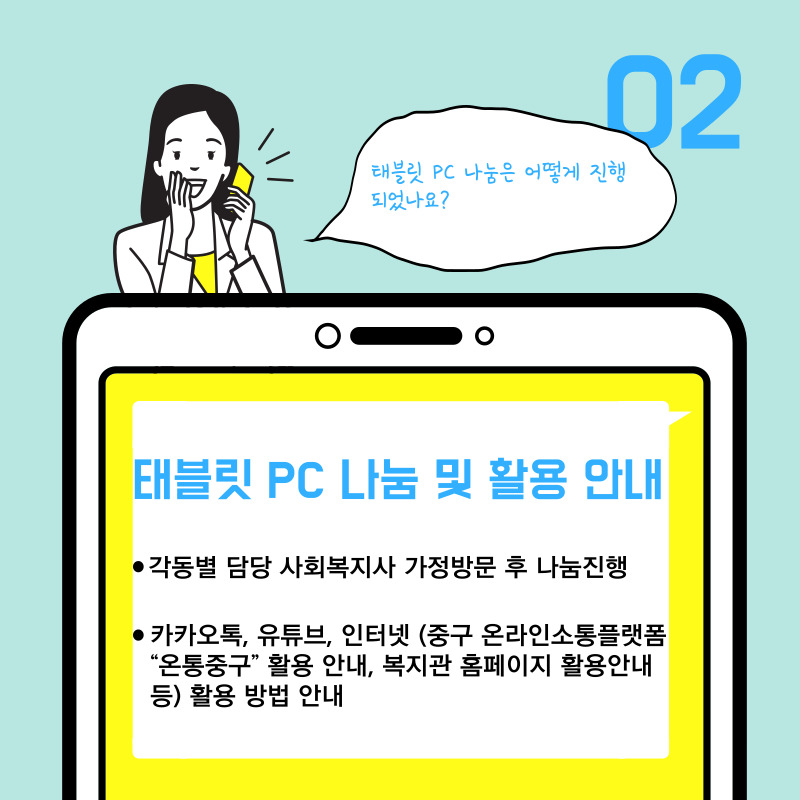 중구거주 정보접근성 취약 장애인 15가정에 태블릿PC 나눔을 통하여 일상의 무료함 해소와 사회참여 확대, 외로움 및 다양한 정보제공에 도움이 되었습니다.  