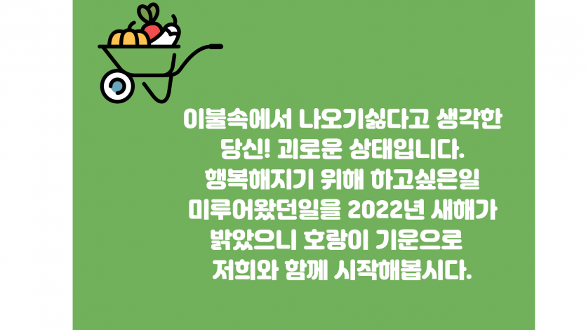 이불속에서 나오기싫다고 생각한 당신! 괴로운 상태입니다. 행복해지기 위해 하고싶은일 미루어왔던일을 2022년 새해가 밝았으니 호랑이 기운으로 저희와 함께 시작해봅시다.