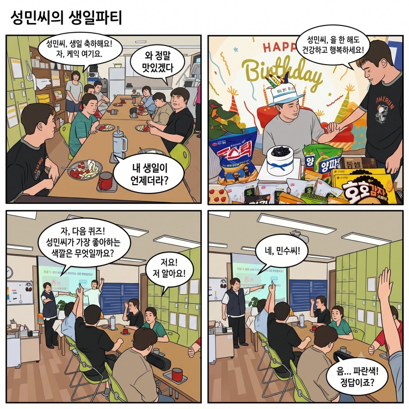 소중한 성민 씨의 생일을 맞아 다 함께 달콤한 케이크를 나누어 먹고, 주인공에 관한 유쾌한 퀴즈를 맞추며 웃음 가득한 축하의 시간을 보냈습니다.