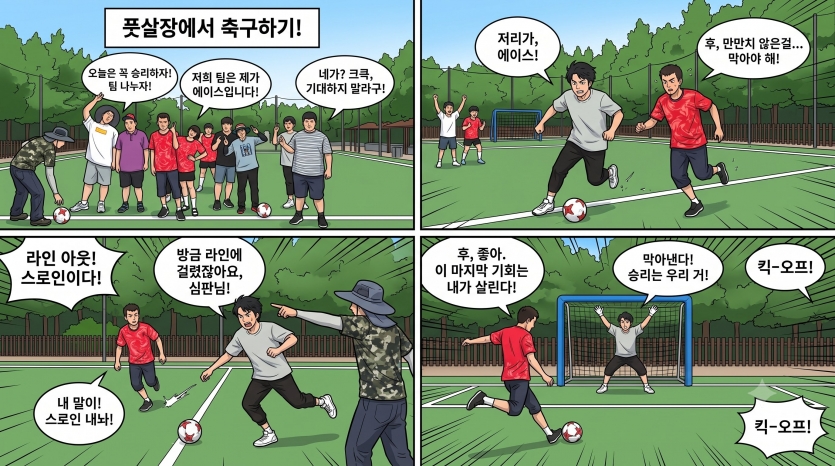 푸른 잔디 피치 위에서 서로 팀을 나누어 패스를 주고받고 슛을 날리며, 건강한 땀방울과 함께 최고의 팀워크를 발휘한 열정 가득한 축구 경기였습니다.