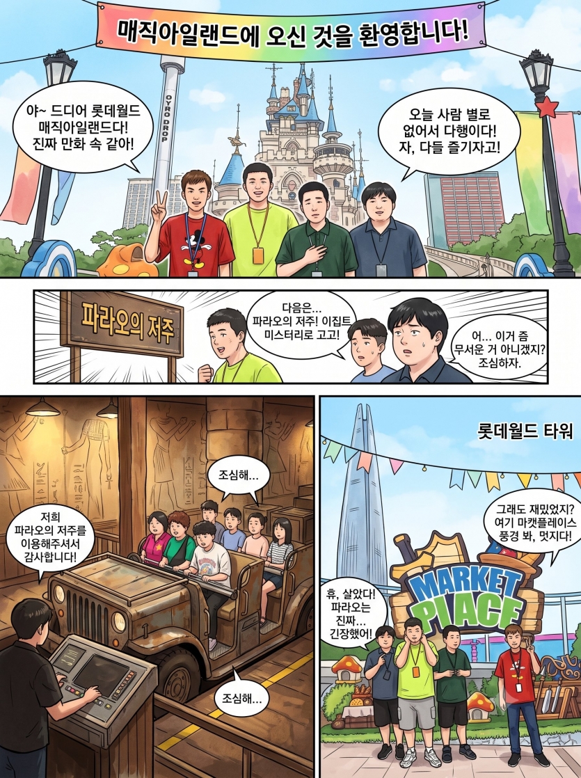 꿈과 환상이 가득한 롯데월드 매직아일랜드에서 스릴 넘치는 어트랙션을 타고 마켓플레이스 풍경까지 만끽하며 잊지 못할 신나는 하루를 보냈습니다.